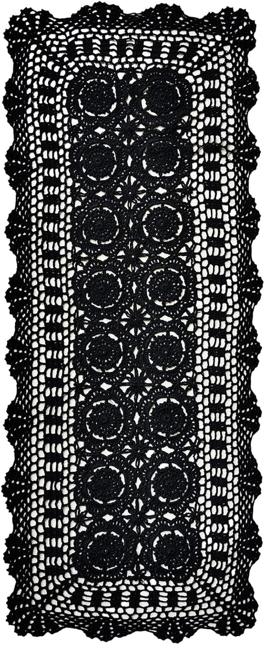 Phantomon Lace Table Runner Rectangular Table Cover Cloth Handmade Crochet Floral Placemats 100% Cotton (Floral Black, 15x39Inch)