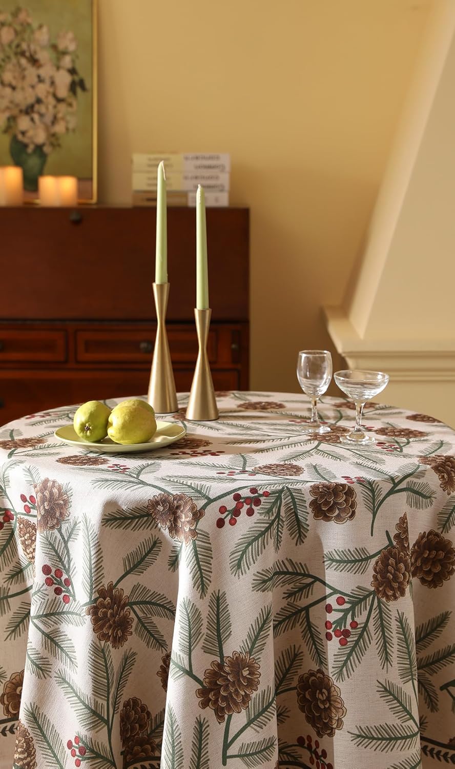 ISAENNE Designer Christmas Beige Linen Small Round Tablecloth,Pinecones Pattern Indoor Tablecloths,Washable Decor Table Cloth for Dining Thanksgiving Kitchen Christmas,Diameter 55"-Carol B