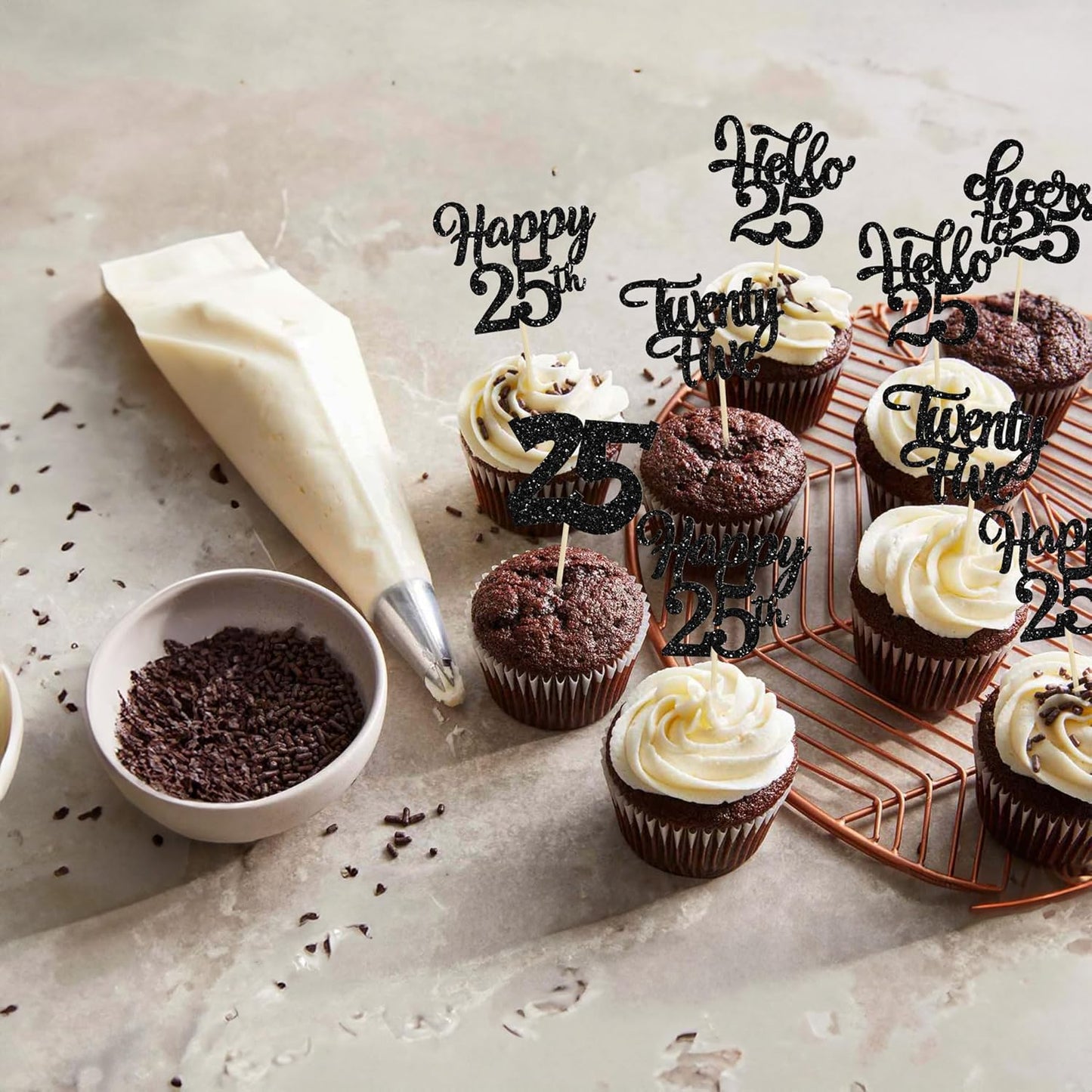 30pcs 25th Birthday Cupcake Toppers - 25th Anniversary Cake Decorations with Black Glitter