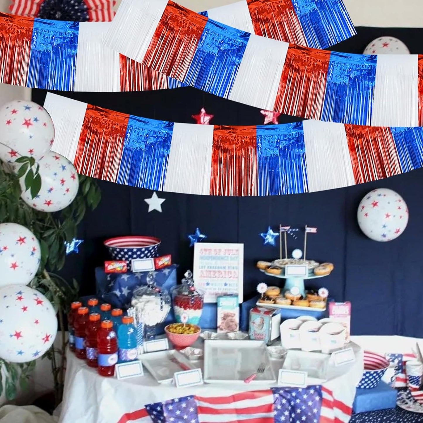 BEISHIDA 3 Packs Metallic Foil Fringe Garland Red White Blue Wall Hanging Tinsel Fringe Banners for Floats Birthday 4th of July Memorial Day Patriotic New Year Party Decoration(30 Feet)