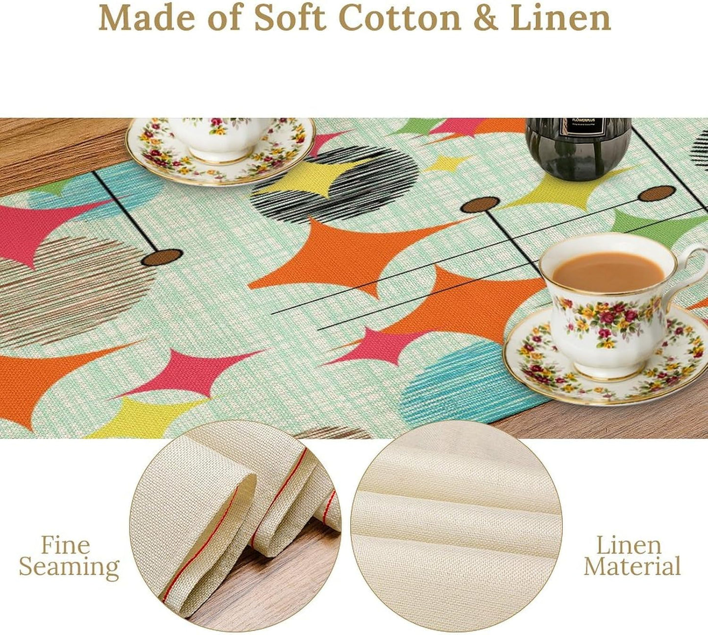 Mid Century Table Runner,Abstract Retro Modern Geometric Colorful Stripe Pattern Print Tablecloth Burlap for Hotel Indoors Outdoor Dining Room Kitchen Holiday Party, 13x36in