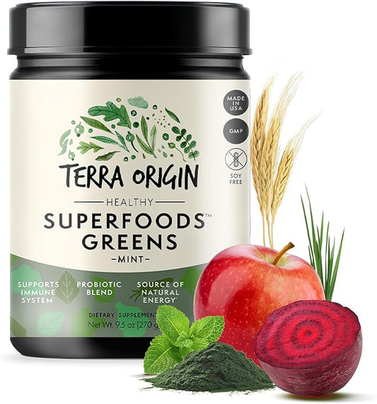 TERRA ORIGIN Healthy Superfood Greens Powder Drink with Probiotics & Ashwagandha | Adaptogen & Digestive Enzyme Fruit and Veggie Blend | for Gut Health, Energy, Immune Support | 30 Servings | Mint