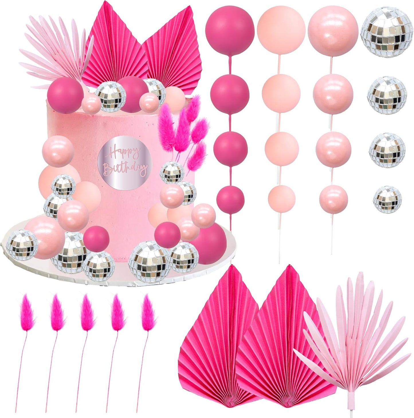 Ephlyn 33 Pack Balls Cake Toppers Boho Palm Leaves Cake Decorations Round Acrylic Happy Birthday Cupcake Toppers for Birthday Wedding Baby Shower Party Supplies Silver Rose Red