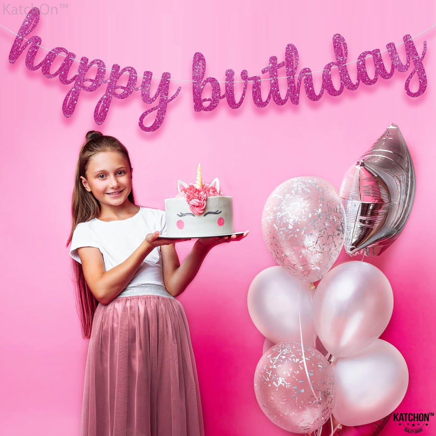 KatchOn, Glitter Pink Cursive Happy Birthday Banner - Pre-Strung, 10 Feet | Birthday Decorations for Women, Girls | Hbd Banner Backdrop For Pink Birthday Decorations, Happy Birthday Sign