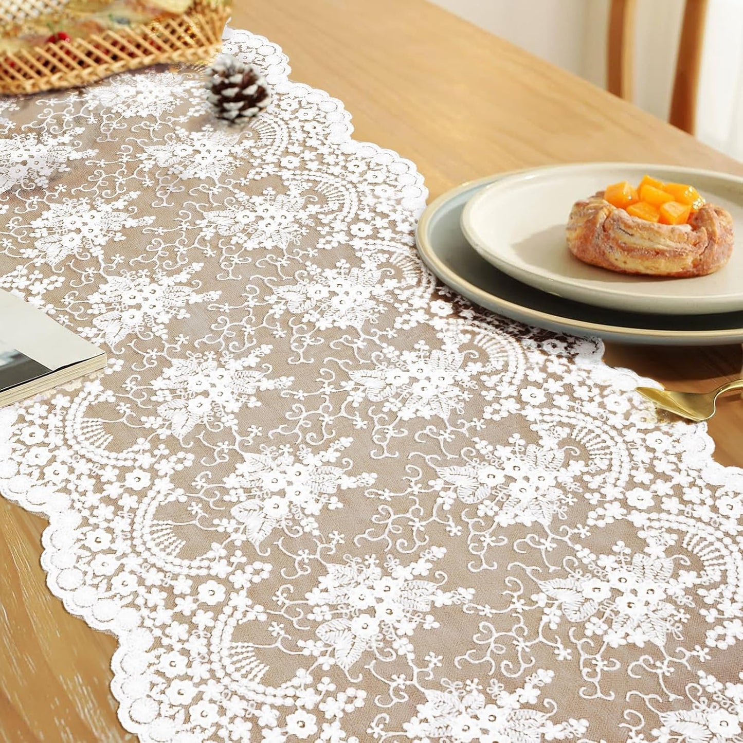 White Lace Table Runner 72 Inches Long,Table Decoration ,Vintage Kitchen Dining Table Decoration ,Table lace Runner, Exquisite Lace Fabric for Wedding /Reception Bridal Shower /Holiday Party