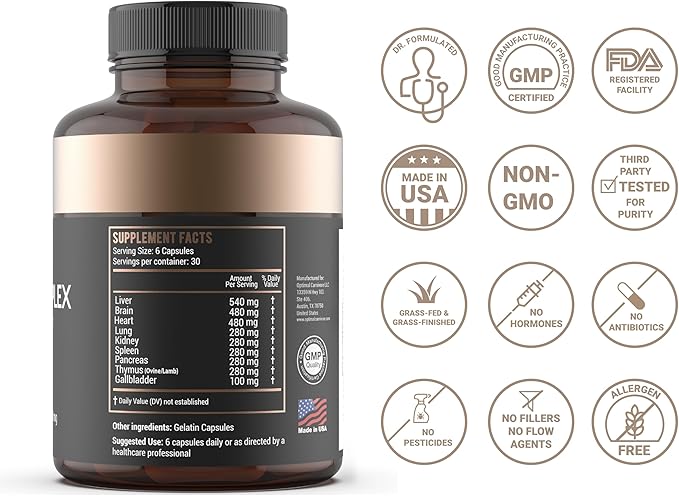 Beef Organ Supplement, Grass Fed Beef Organs for Men & Women, 9 Organ Complex - Liver, Brain, Thymus, Lung, Gallbladder