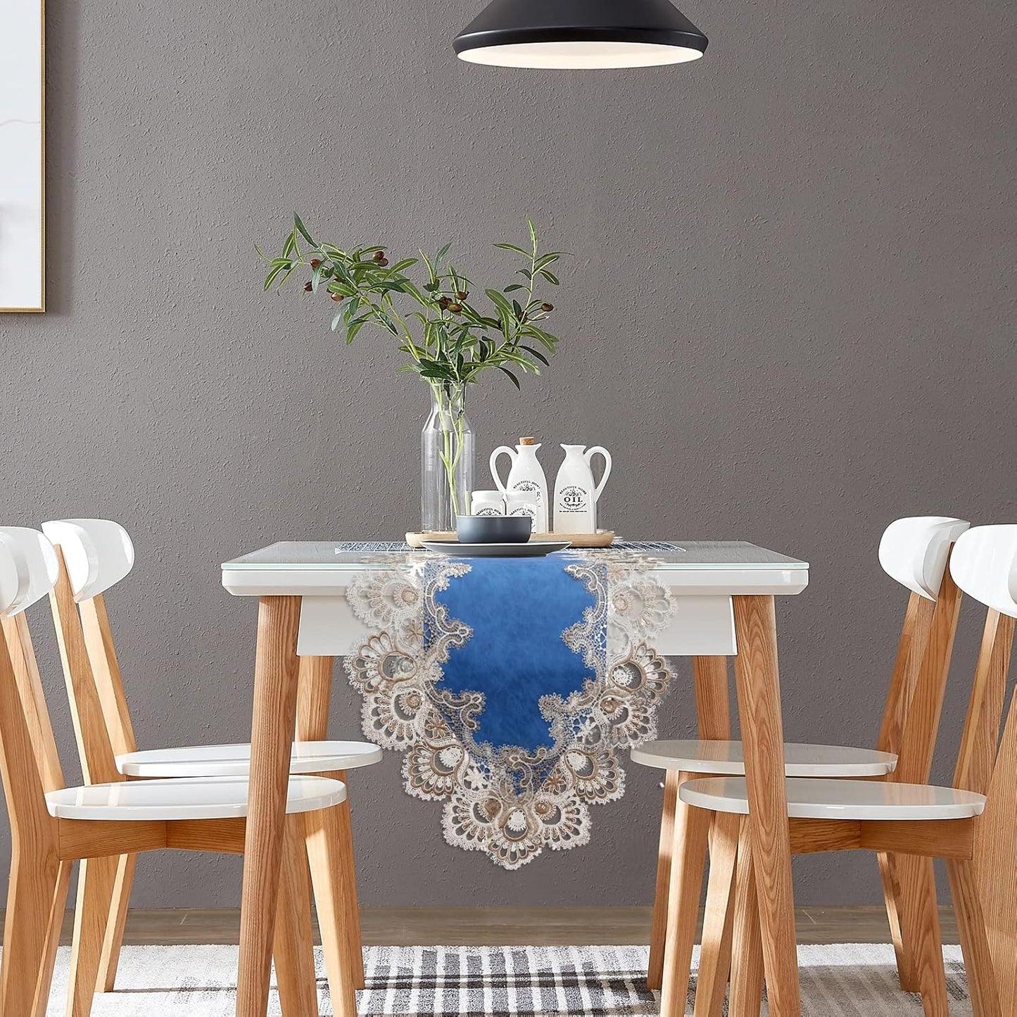 Vintage Lace Dining Table Runner, Small Macrame Coffee Table Runners 48 inches Long for Kitchen Home Christmas Party Decorations (16x48 inch, Blue)