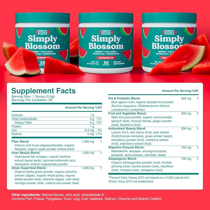 Simply Blossom Nutrition Daily Greens & Superfood Powder + Collagen + Probiotics for Women's Digestive Health & Bloating Relief. Help Your Health Bloom - 30 Day Supply - Watermelon