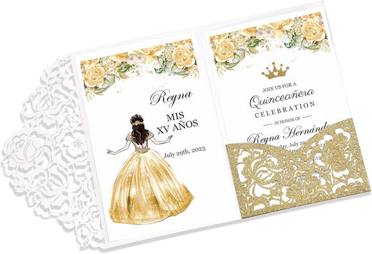 DORIS HOME 50pcs Laser Cut Quinceanera Invitations Gold Glitter, 4.7x7.1 Blank Quince Invitations for 15th Birthday, Invitation cards for Sweet 16 with Envelopes