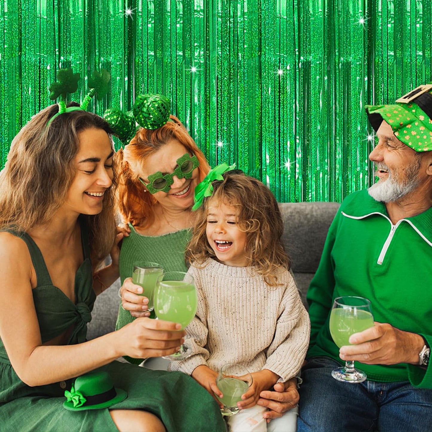 5 Pack Green Streamers Backdrop Metallic Foil Fringe Tinsel Curtains for Birthday Dinosaur Animal St Patrick's Day Football Christmas Jungle Theme Party Decorations