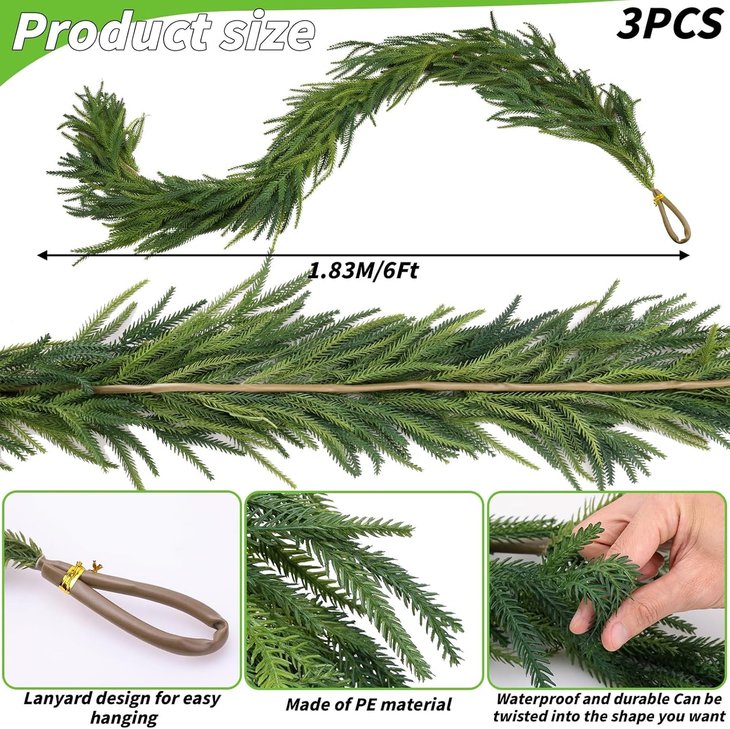 3 Pcs Artificial Norfolk Pine Garlands Christmas, 6 FT Dense Real Touch Winter Pine Garland Ornament, Green Artificial Greenery Garland for Table, Mantle, Wall, Indoor, Outdoor Christmas Decorations