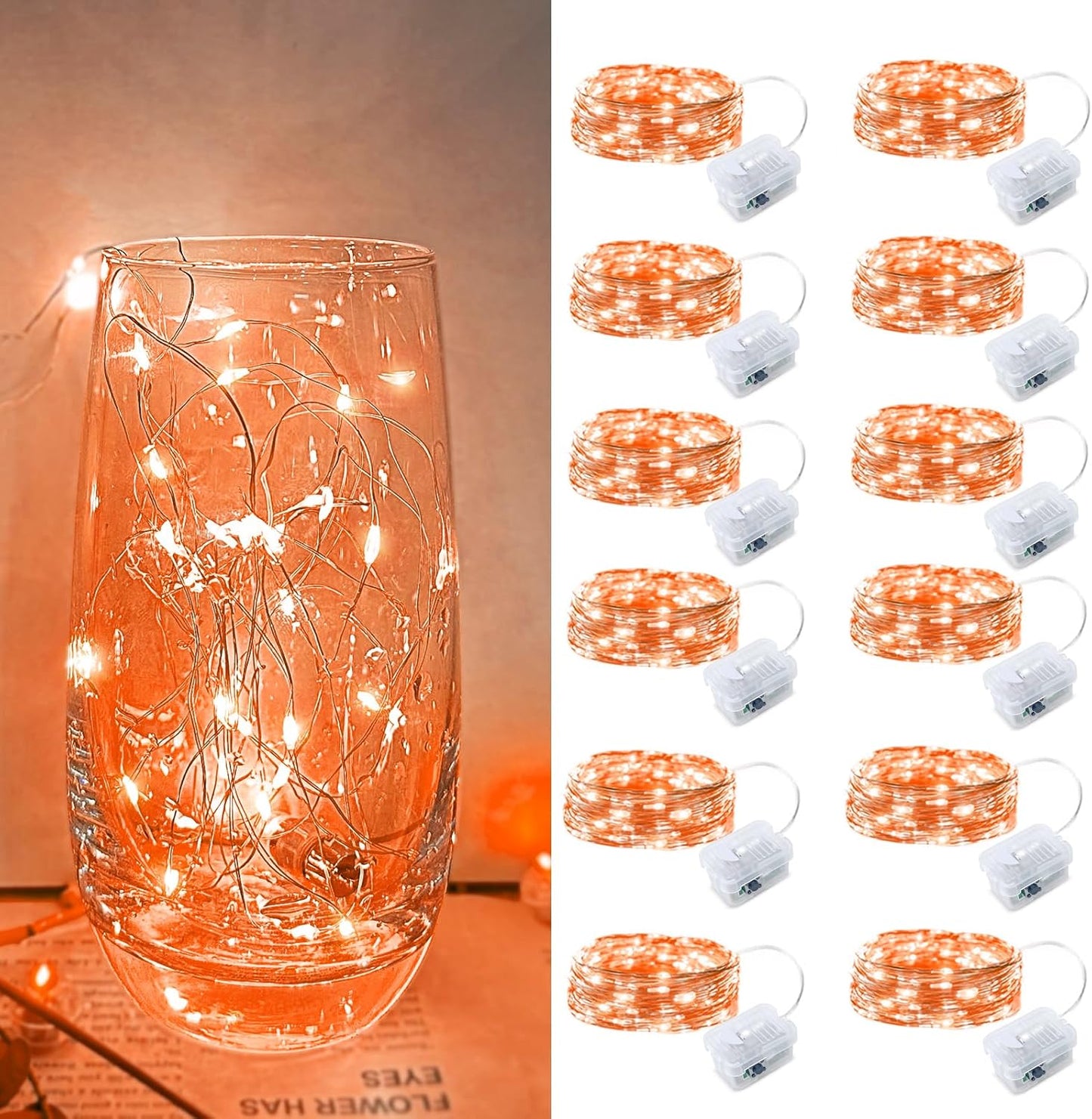Orange Led Fairy Lights Battery Operated for Halloween, 12 Pack LED Mini String Lights, 7FT 20LED Silver Wire Firefly Starry Moon Light for DIY Fairy String Light Indoor for Halloween Party Decor