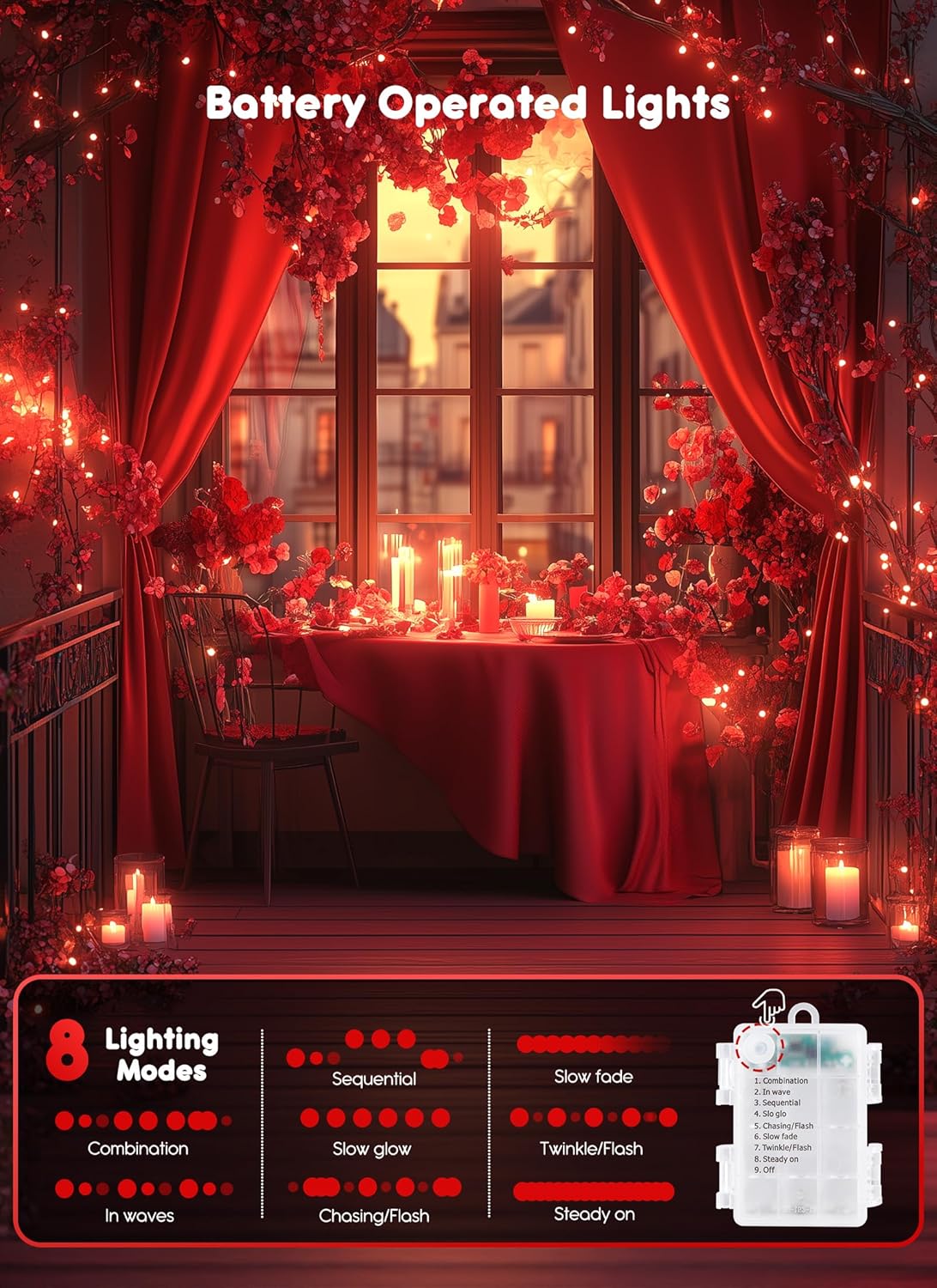 33Ft 100 LED Outdoor String Lights, Red Fairy Lights Battery Operated with Remote, Waterproof Twinkle Lights for Bedroom Dorm Patio Tapestry Backyard Garden Party Indoor Valentine's Day Decoration