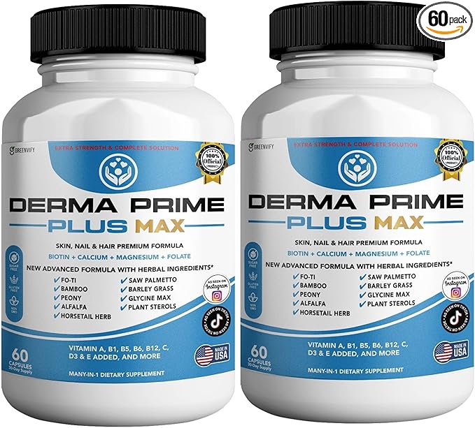 Derma Prime Plus Max Hair Skin Nail Supplement, 60 Capsules, with Biotin 5000mcg, Vitamins, Minerals, Herbal Blend (2)
