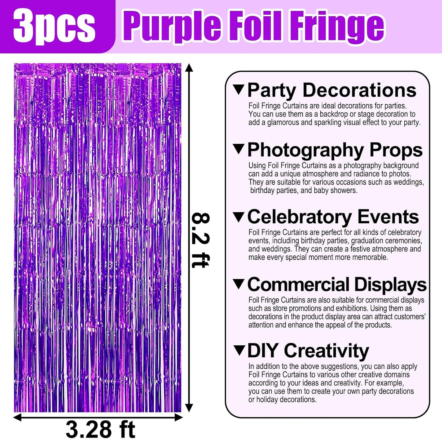 3 Pack Purple Foil Fringe Curtain Backdrop, 3.28Ft x 8.2Ft Metallic Tinsel Foil Fringe Streamer Curtains for Photo Booth, Christmas Day, Thanksgiving, Wedding, New Year Party Decorations