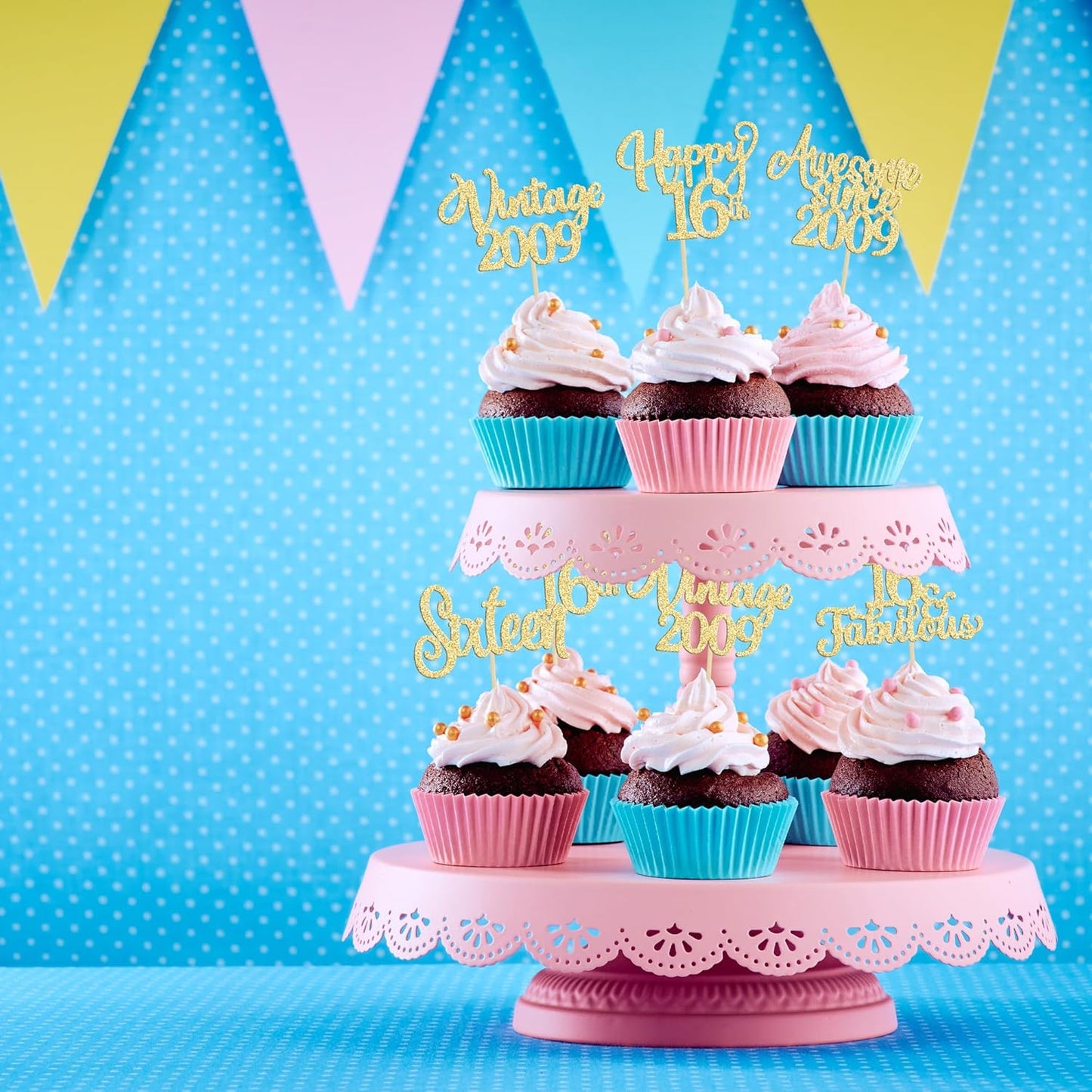 30Pcs Vintage 2009 Cupcake Toppers Glitter Sixteen Happy 16th Birthday 16 Fabulous Cupcake Picks Cheers to 16 Years for 16th Birthday Wedding Anniversary Party Cake Decorations Supplies Gold