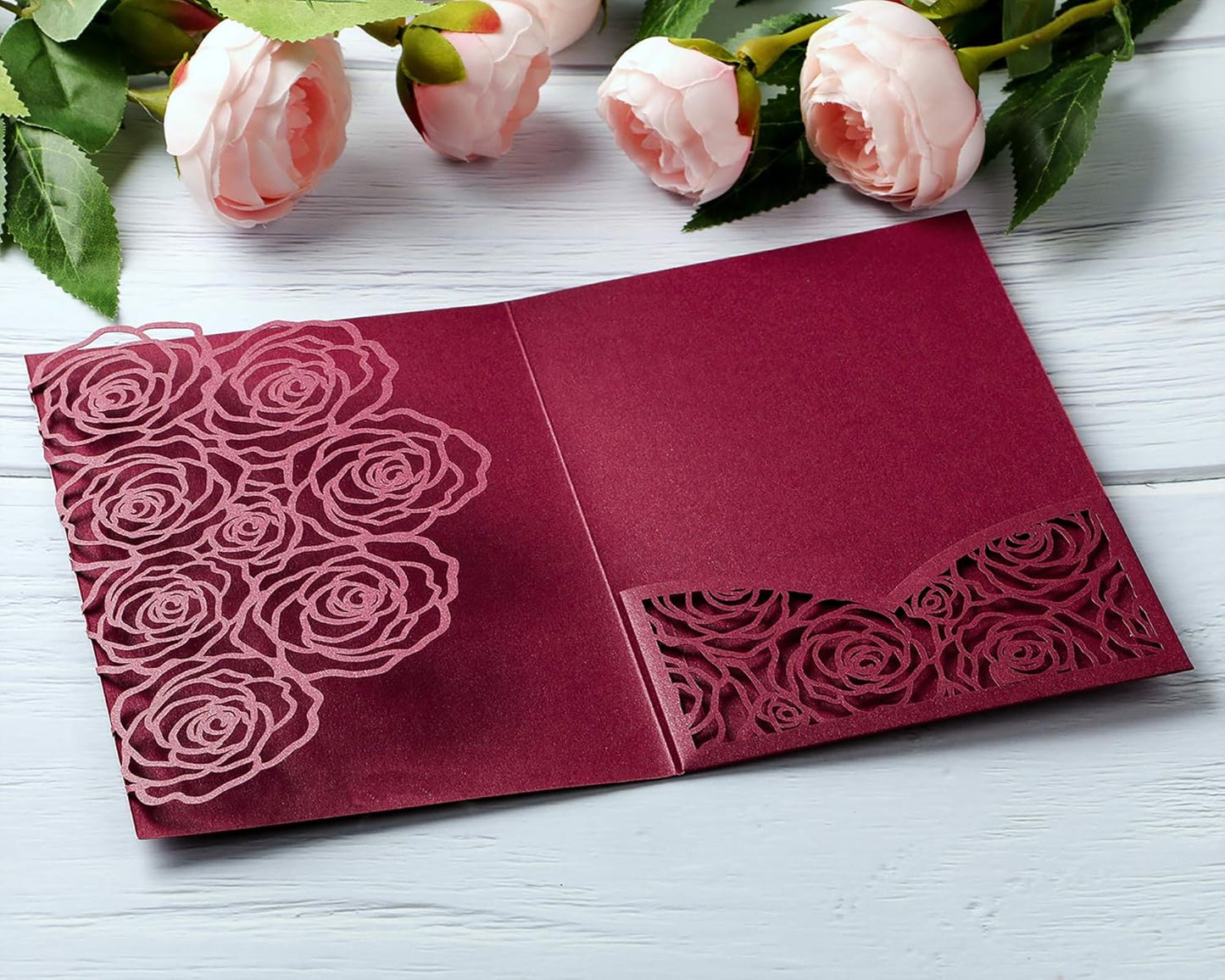 20 Pcs Laser Cut Wedding Invitations Card Pocket with Envelope for Birthday Party Baby or Bride Shower Invite suitable for 5 * 7 Inches Insert Paper (Burgundy)