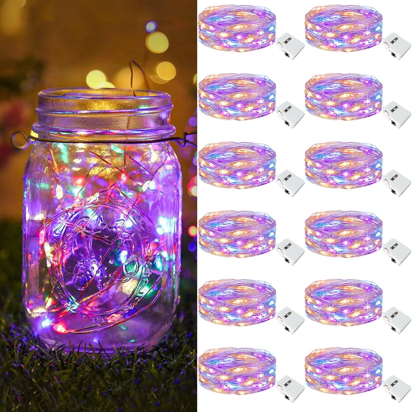 btfarm 12 Pack Fairy Lights Battery Operated [3 Modes], 7ft 20 Led Twinkle Lights String Lights Waterproof Bulk Small Mini Silver Wire for Mason Jars Vases Wedding Table Centerpiece, Colorful