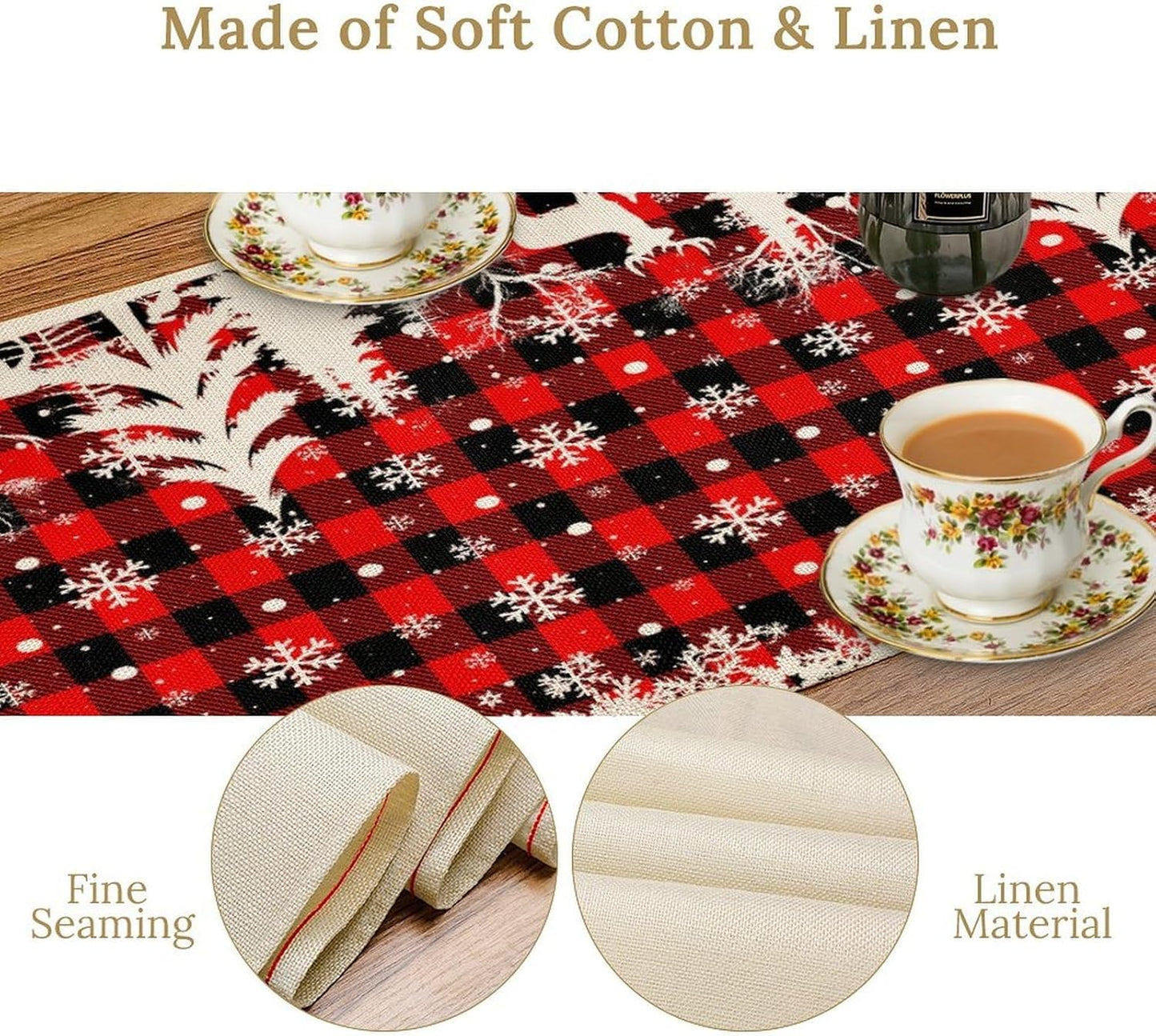 Christmas Table Runner,Red Black Plaid Xmas Snowflakes Deer Trees Print Tablecloth Burlap for Hotel Indoors Outdoor Dining Room Kitchen Home Decor,W13X L70 in