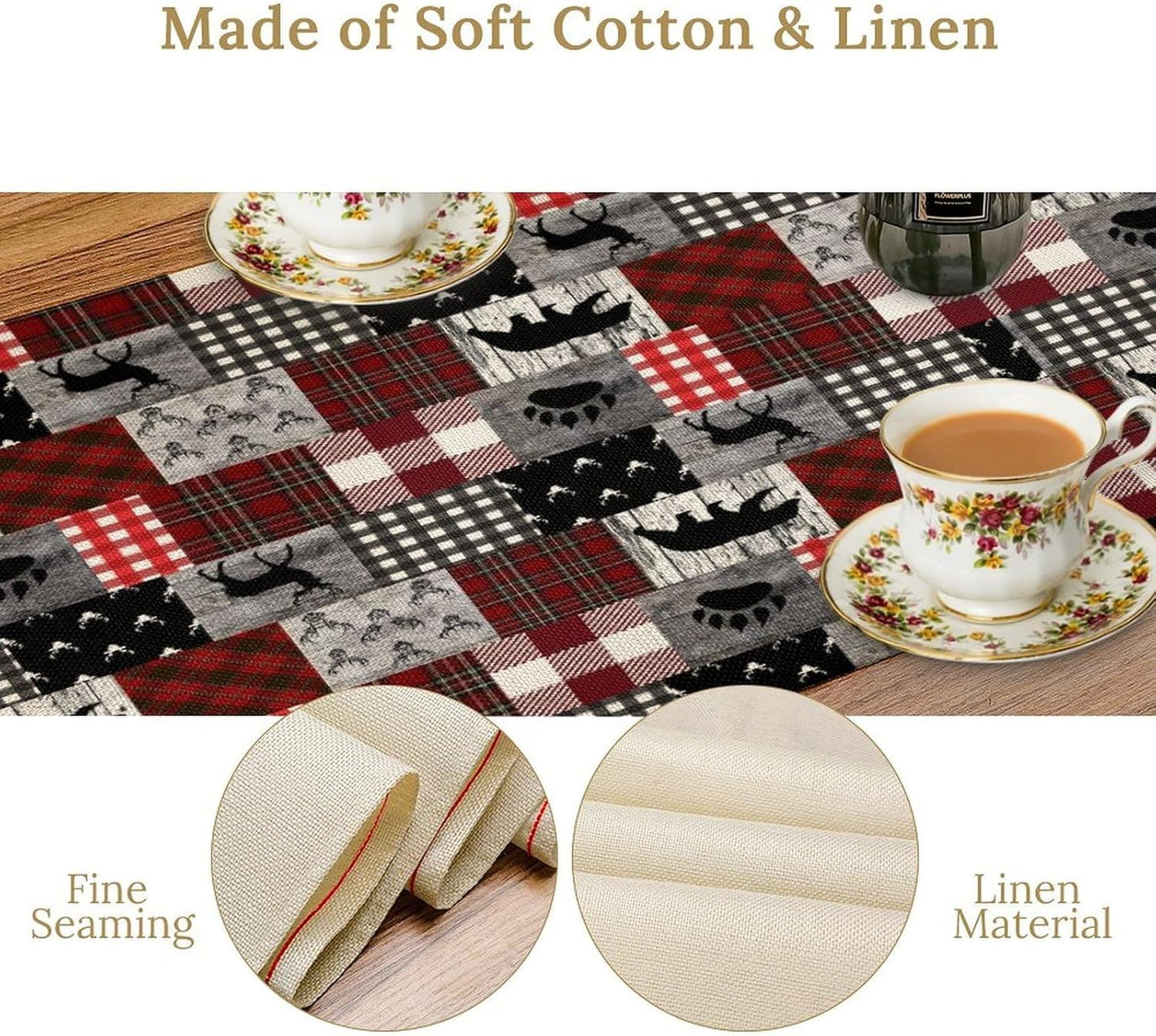 Rustic Farm Table Runner,Vintage Woodland Deer Bear Animal Buffalo Plaid Print Tablecloth Burlap for Hotel Indoors Outdoor Dining Room Kitchen Home Decor,W13X L70 in