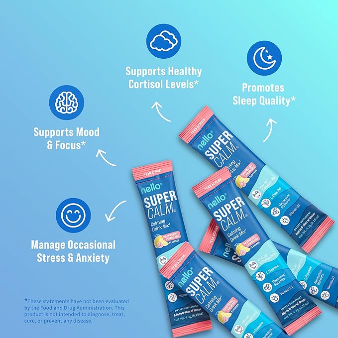 Supercalm Powdered Drink Mix, Raspberry Lemonade, L Theanine, Ksm-66 Ashwagandha, Magnesium Glycinate, Vitamin D 3, Supplements for Relaxation & Focus, No Sugar, Non GMO, On The Go, 20 Ct