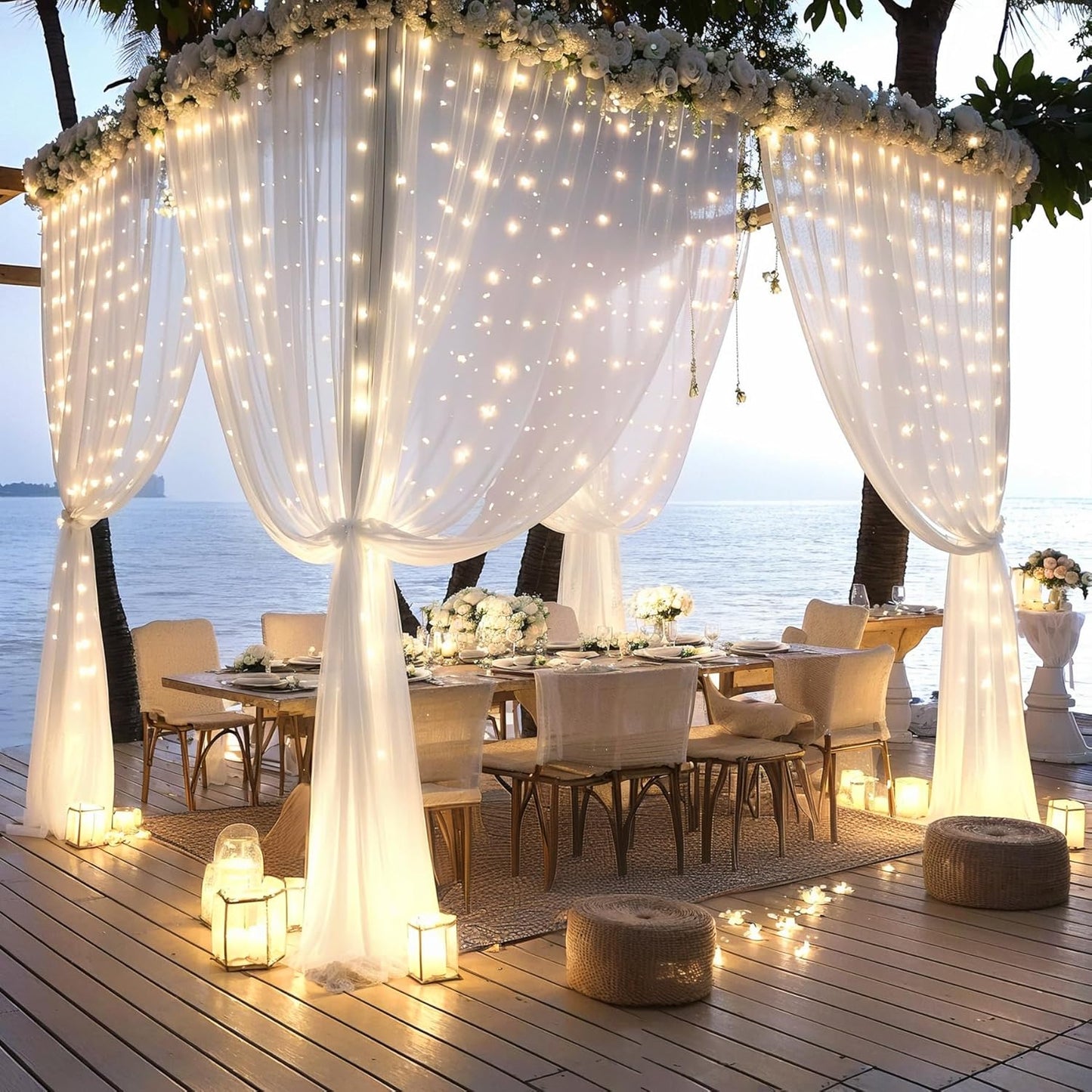 White Tulle Backdrop Curtain with Lights String, 10ft x 10ft for Weddings Baby Showers Birthday Parties, Sheer Wrinkle Free Backdrop, Easy to Install Photo Booth Background Decorations