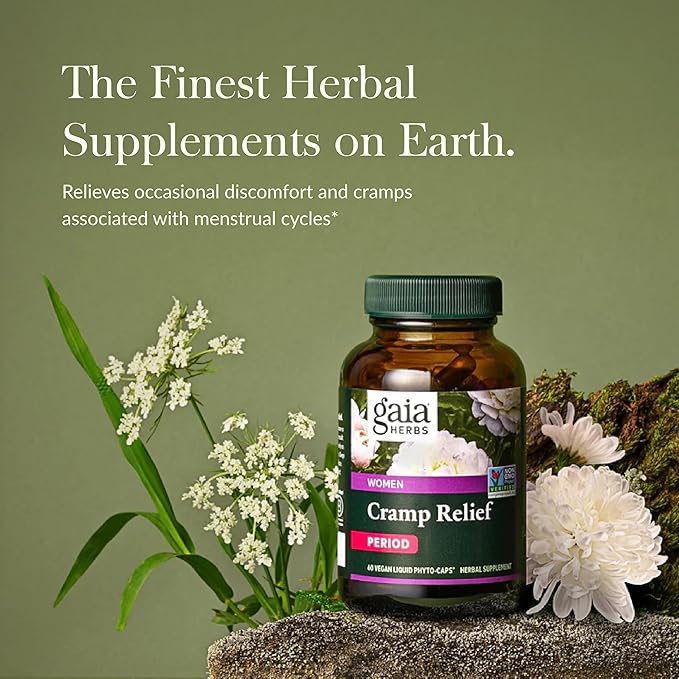 Gaia Herbs Cramp Relief - Herbal Supplement for Hormone Balance & Period Cramp Relief - Made with Organic Licorice Root, White Peony Root, Turmeric & More - 60 Vegan Capsules (60 Servings)