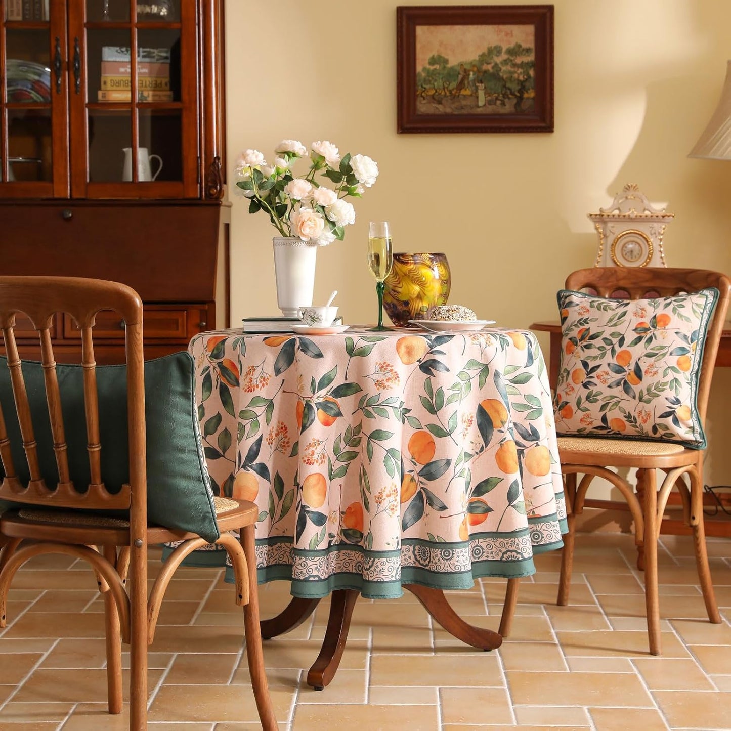 patdrea Designer Linen Round Table Cloth,Vintage Framhouse Oranges and Leaves Pattern Tablecloth,Decor Table Cover for Kitchen Dining Christmas,Thanksgiving,Tea Party,Diameter 67"-Palladin a