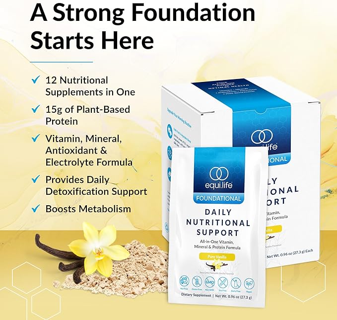 Equilife Daily Nutritional Support, All-in-One Multivitamin Meal Replacement, Pure Vanilla Flavor, 15G Plant Protein, Supports Overall Wellness Including Energy, Digestion, & Skin, 14 Packets
