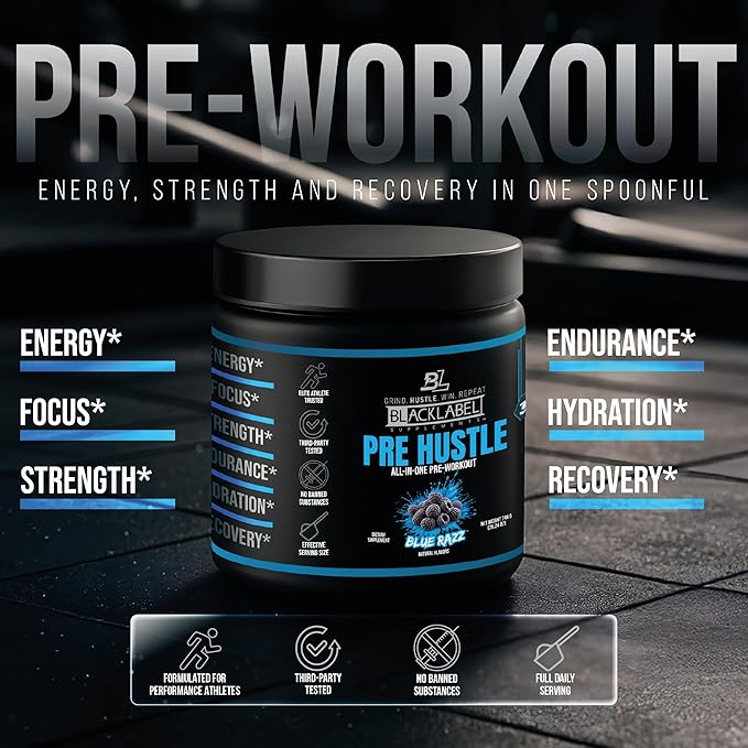 BLACKLABEL Supplements PRE Hustle V3 Pre-Workout Powder – NSF Certified for Sport – Energy, Strength & Endurance Support – Blue Razz – with Creatine & Caffeine – 30 Servings