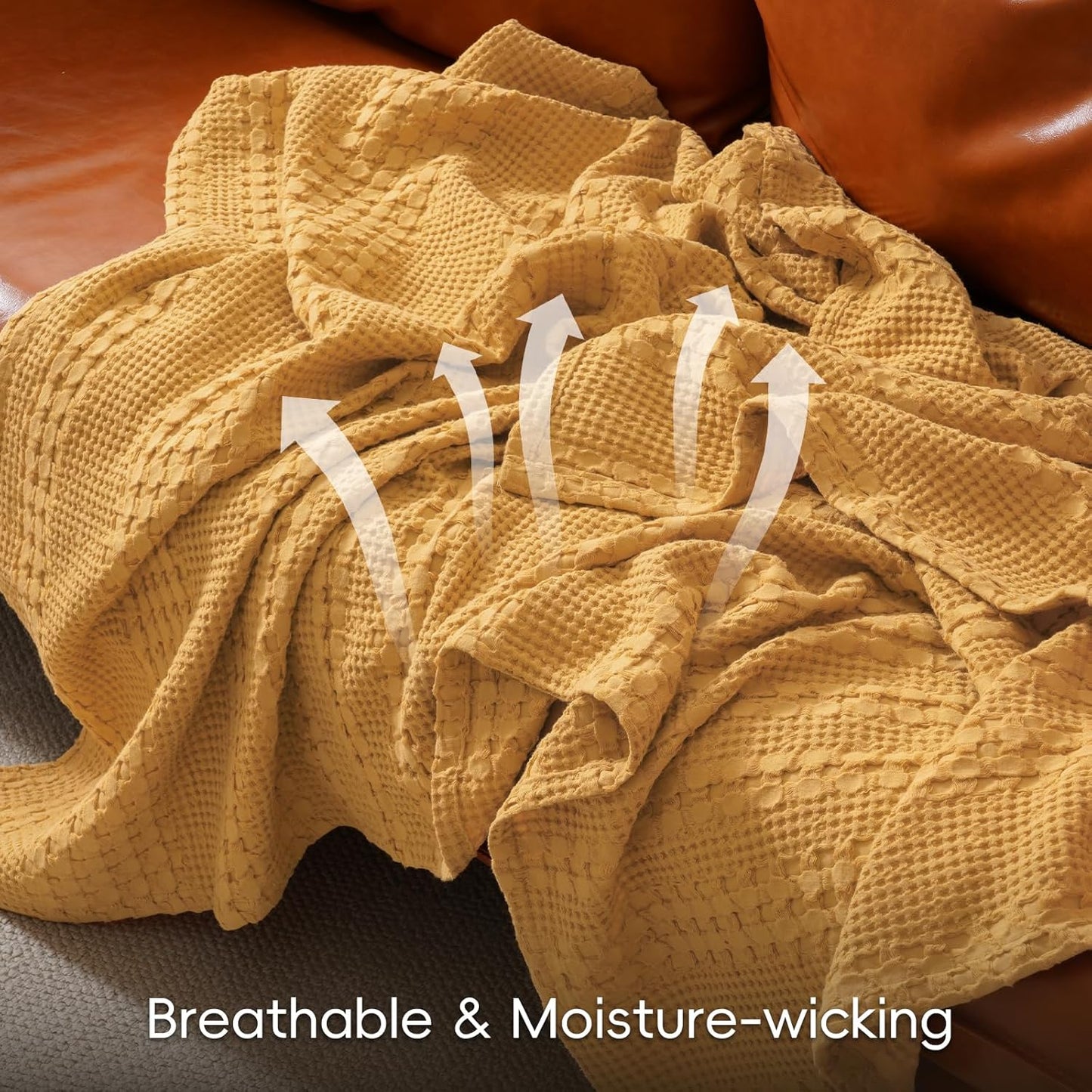 PHF 100% Cotton Waffle Weave Throw Blanket, Soft Lightweight Breathable Cozy Throws for Couch Bed Sofa, Luxury Aesthetic Woven Blanket for Home Decor & Office, 50"x60", Ginger/Honey Yellow