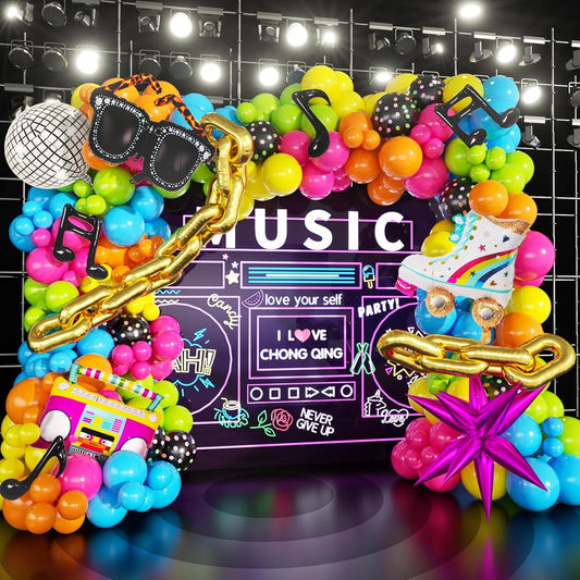 90s 80s Disco Theme Party Decorations, 171Pcs Balloon Arch Kit with Retro Disco Ball Radio Glasses Roller Skate Musical Note Chain Star Foil Balloons for Back to 90s 80s Hip Hop Birthday Supplies
