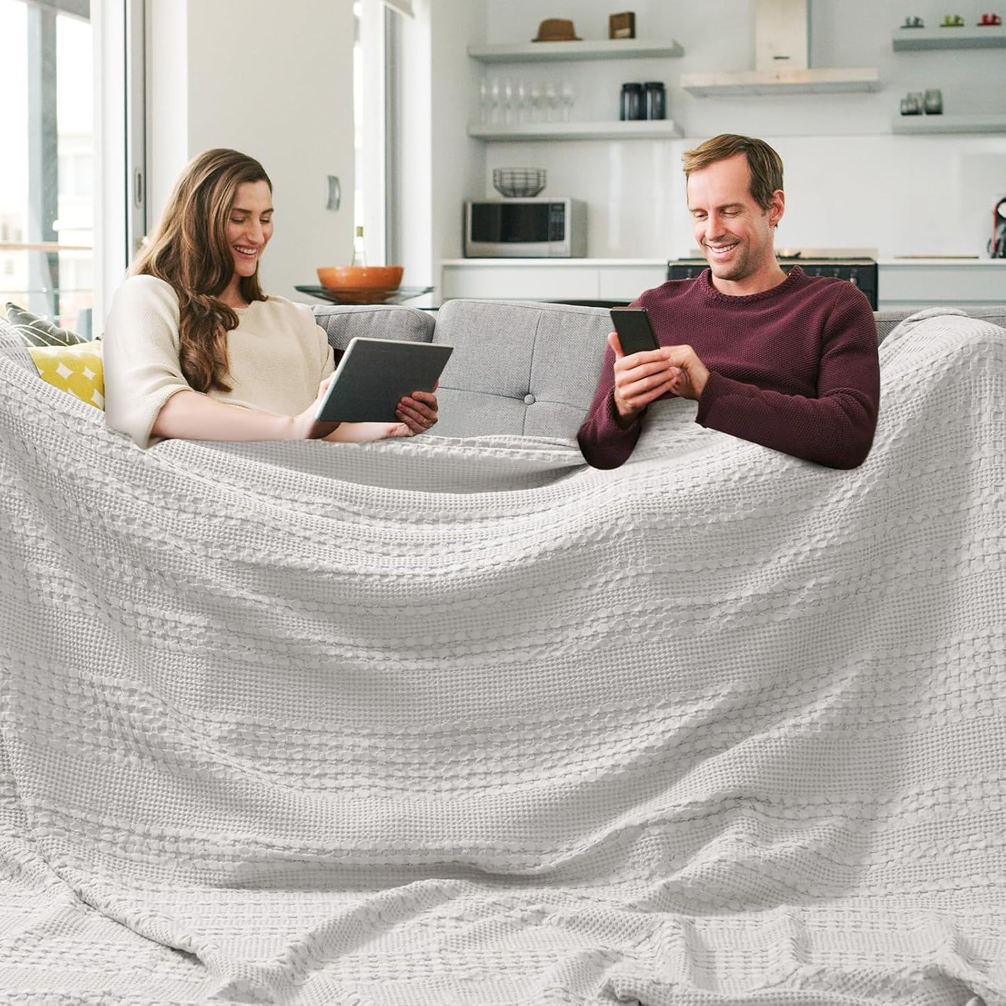 PHF 100% Cotton Waffle Blanket Oversized King 120"x120", Lightweight Breathable Extra Large 10'x10' Blankets for Bed, Giant Big Luxury Aesthetic Woven Bedding for Home Decor, Light Grey