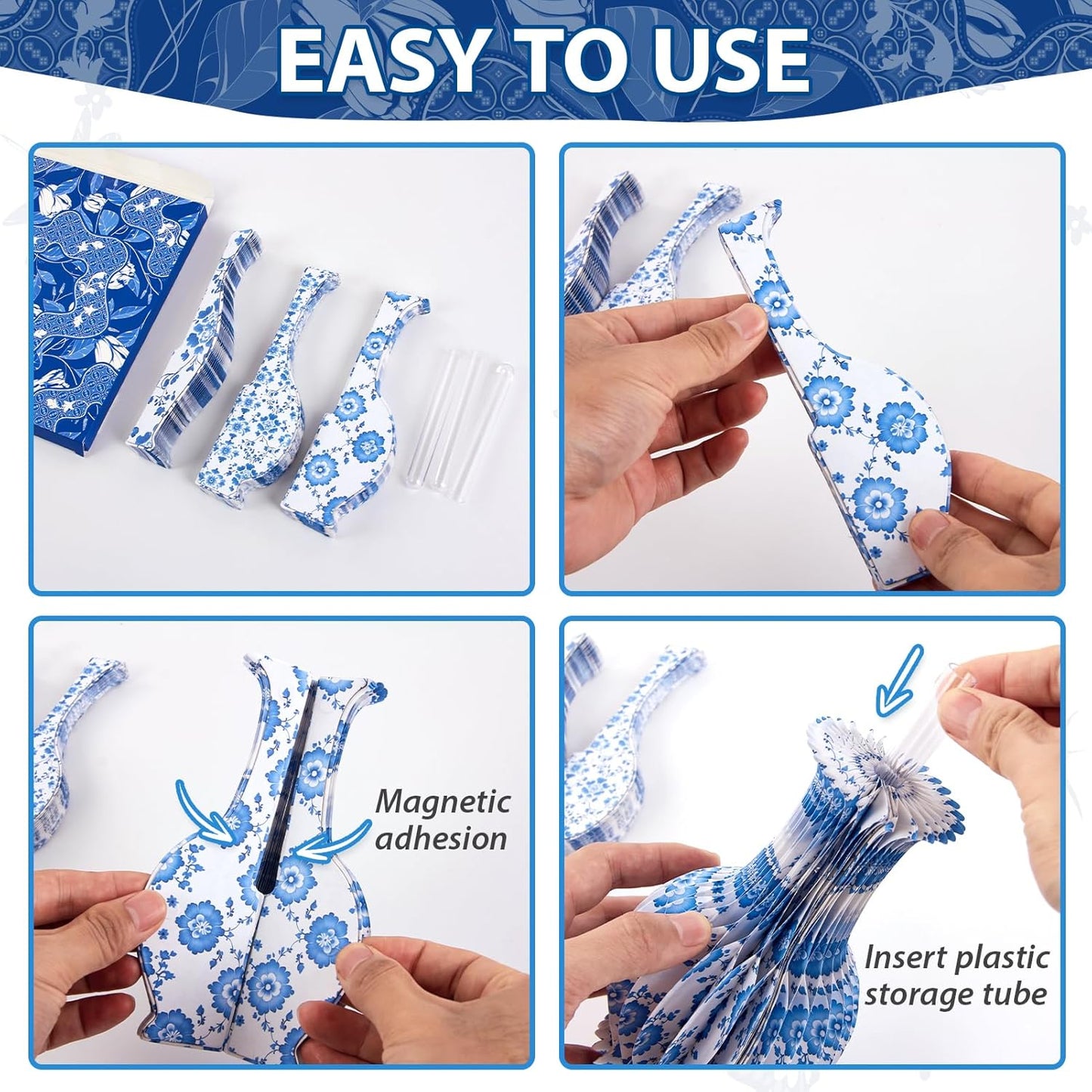 3 Pcs Blue and White Paper Honeycomb Vase, Foldable Decorative Vase with Magnetic Closure, Chinoiserie Décor Vase, Reusable Table Centerpiece for Wedding, Baby Shower, Home Decor