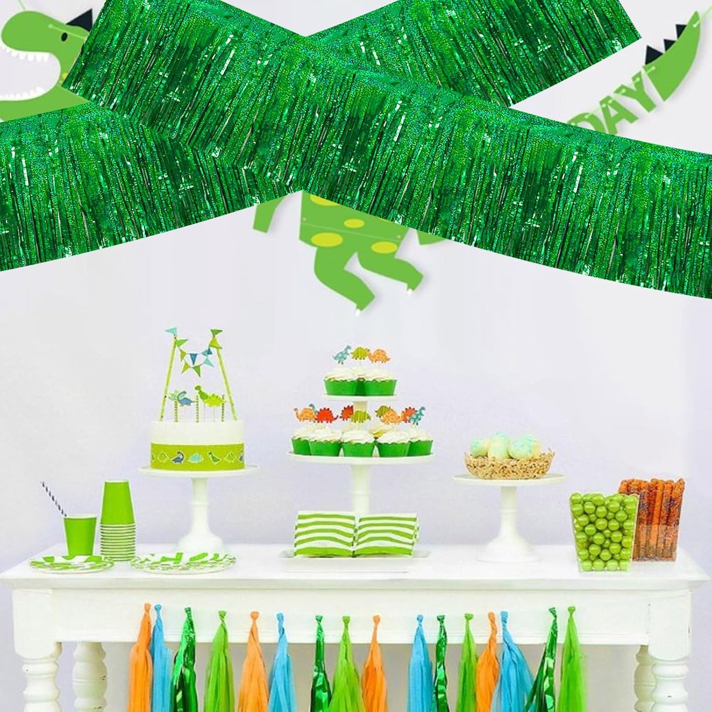 BEISHIDA 3 Packs Metallic Foil Fringe Garland Laser Green Wall Hanging Tinsel Fringe Banners for Car Floats Bridal Shower Wedding Birthday Easter Graduation Holiday Party Decoration(30 Feet)