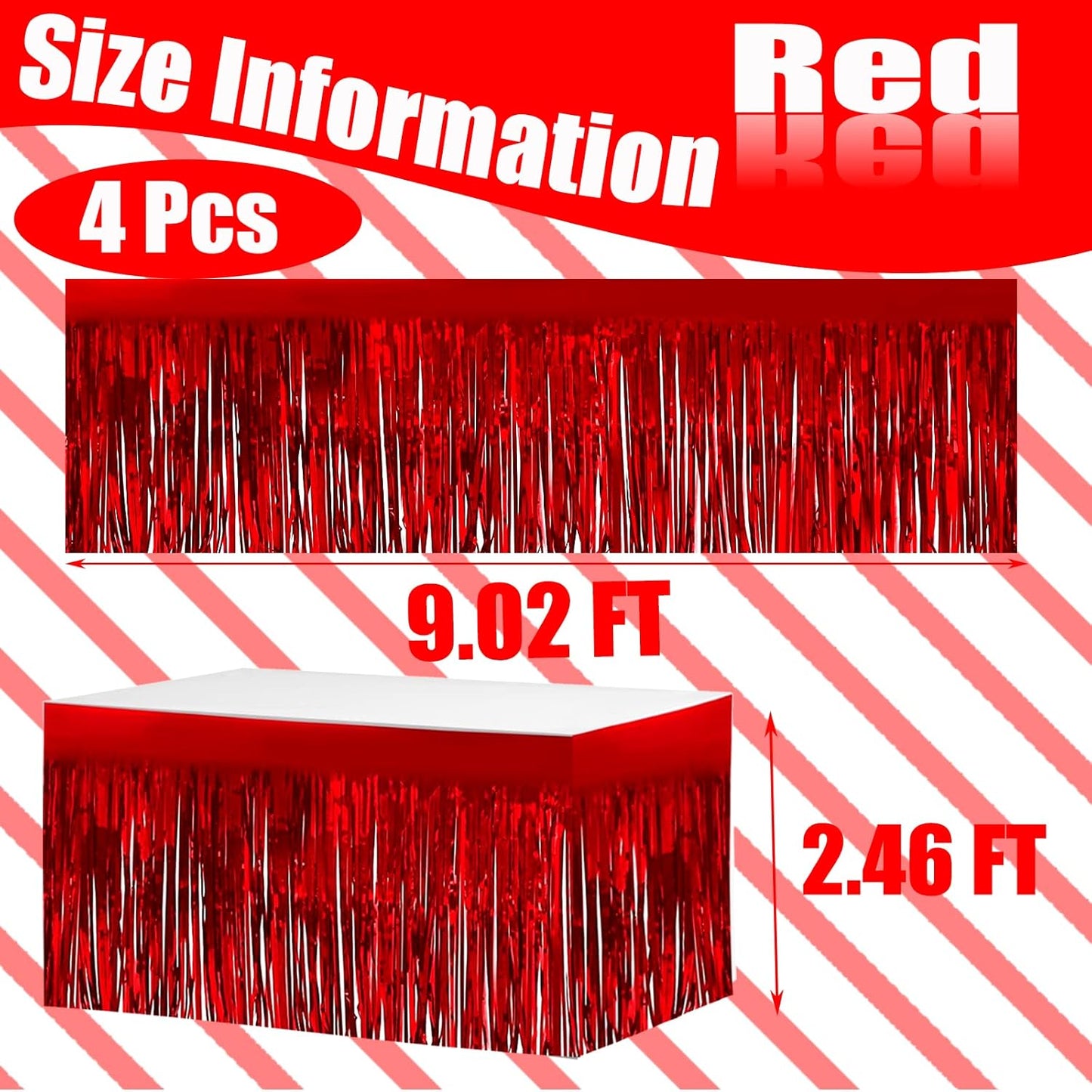 4 Pack 29x108 Inch Metallic Foil Fringe Tinsel Table Skirts for Rectangle Tables Streamer Backdrop for Wedding, Birthday, Parade Floats, Christmas, Halloween Party Decoration(Red)