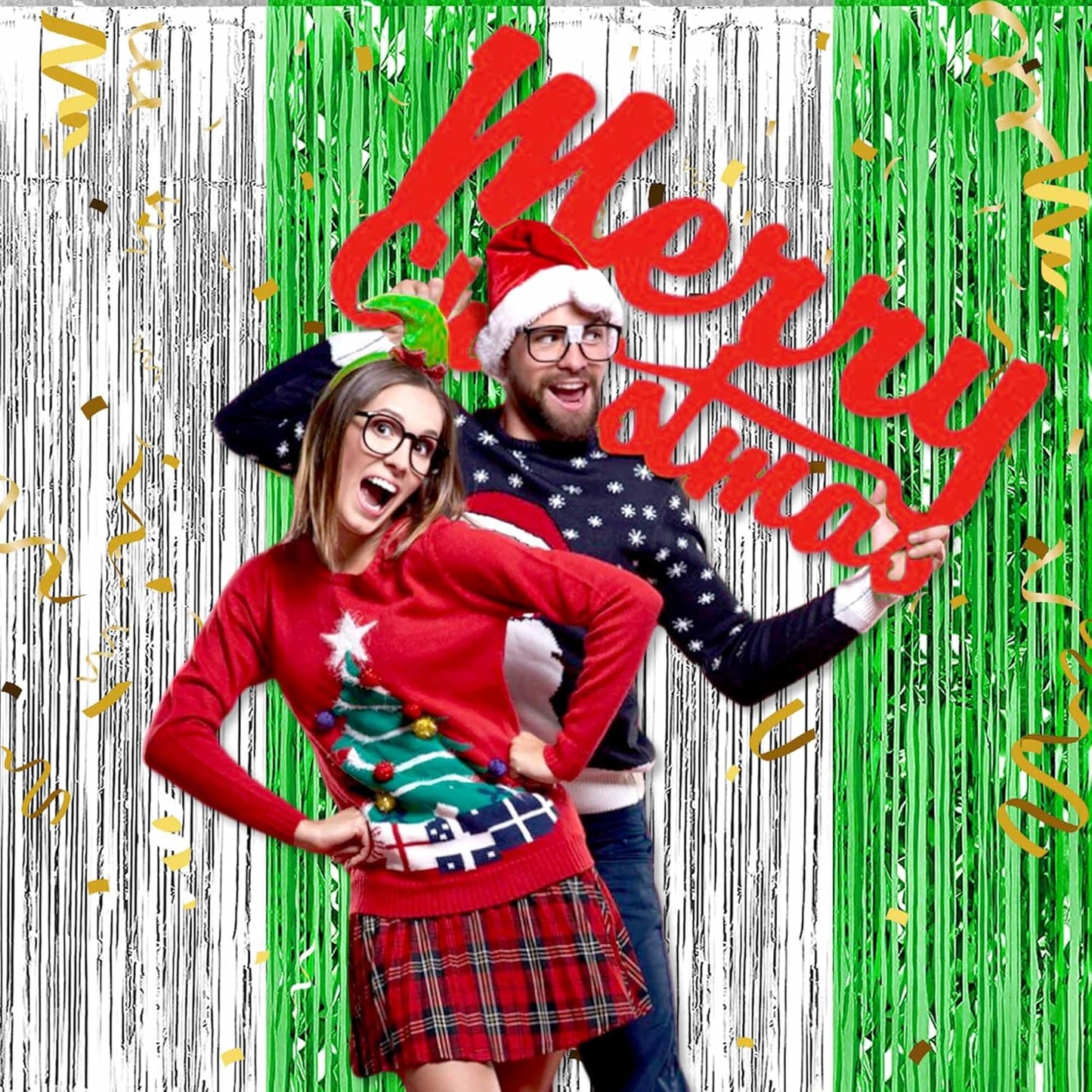 3 Pack Silver Green Foil Fringe Curtains Backdrop, 3.28 x 9.8 Ft Metallic Streamers Tinsel Curtains Background for Photo Booth, Birthday, Halloween, Christmas, Thanksgiving, New Year Party Decorations