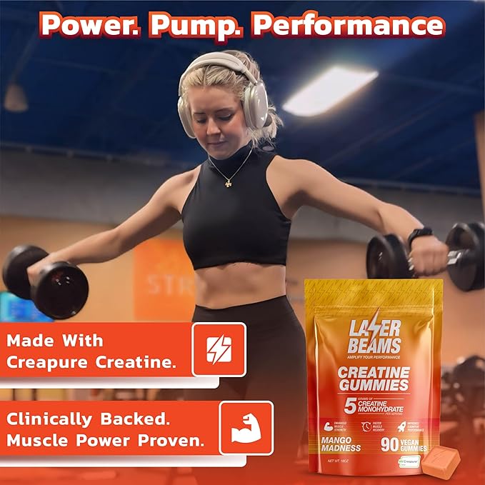Creatine Monohydrate Gummies for Women & Men - 5g Creapure Creatine per Serving - Vegan, Mango Flavor - Boost Muscle Strength, Endurance, Recovery & Mental Focus (90 Gummies)