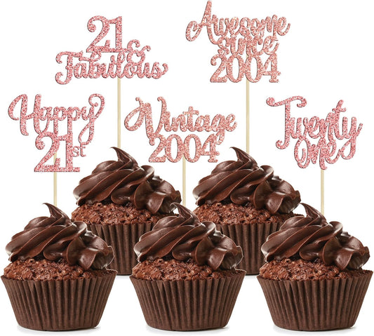 30Pcs Vintage 2004 Cupcake Toppers Glitter Twenty-one 21 Fabulous Happy 21st Birthday Cupcake Picks Cheers to 21 Years for 21st Birthday Anniversary Party Cake Decorations Supplies Rose Gold