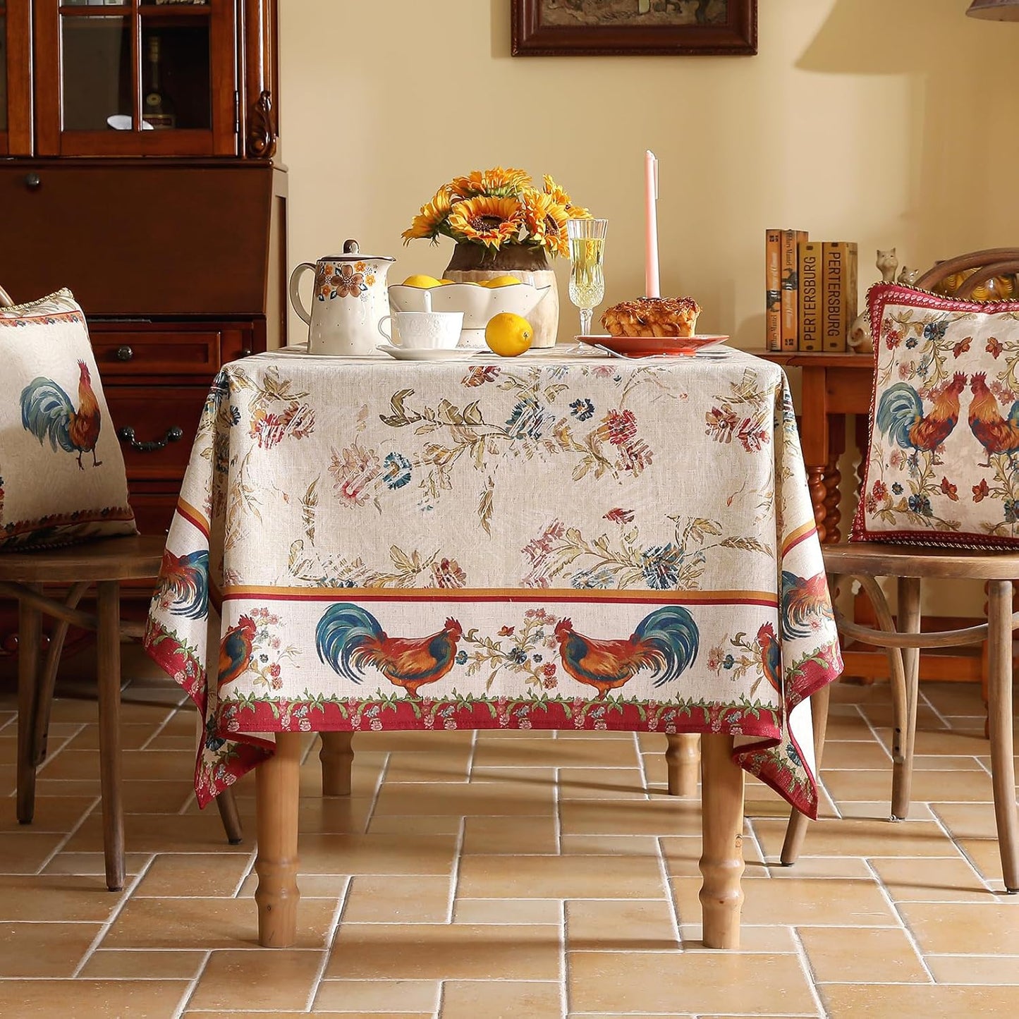 patdrea Designer Linen Red Long Rectangle Tablecloth,Vintage French Animals Pattern Tablecloths,Decoration Floral Table Cover for Kitchen Dining Christmas,Party,Thanksgiving,63"x94"-Townlife E