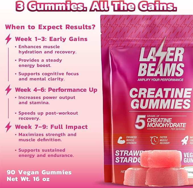 Creatine Monohydrate Gummies - 5g Creapure Creatine per Serving - Vegan - Boost Muscle Strength, Endurance, Recovery & Mental Focus - 90 Gummies, Gluten-Free (Strawberry)