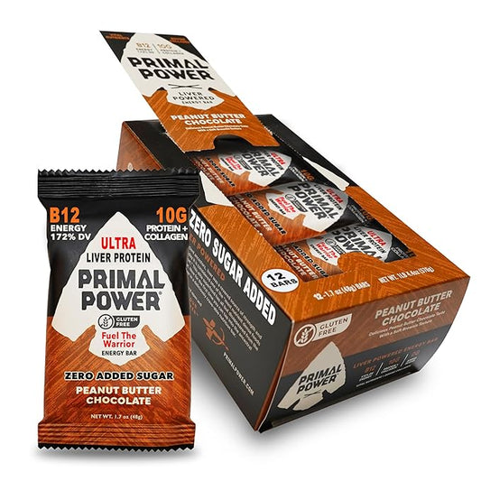 Primal Power Liver Powered Nutrition Bars - B12 Energy Boost, 10g Protein, Vitamins, Minerals, Collagen, Zero Added Sugar, Gluten Free - Pack of 12 (Peanut Butter Chocolate Flavor)