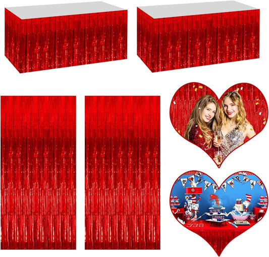 4P Metallic Foil Fringe Tinsel Table Skirts for Rectangle Tables Backdrop Banner Tinsel Streamer Garland Curtains for Parade Floats Wedding Graduation Anniversary Birthday Parties Decoration (Red)
