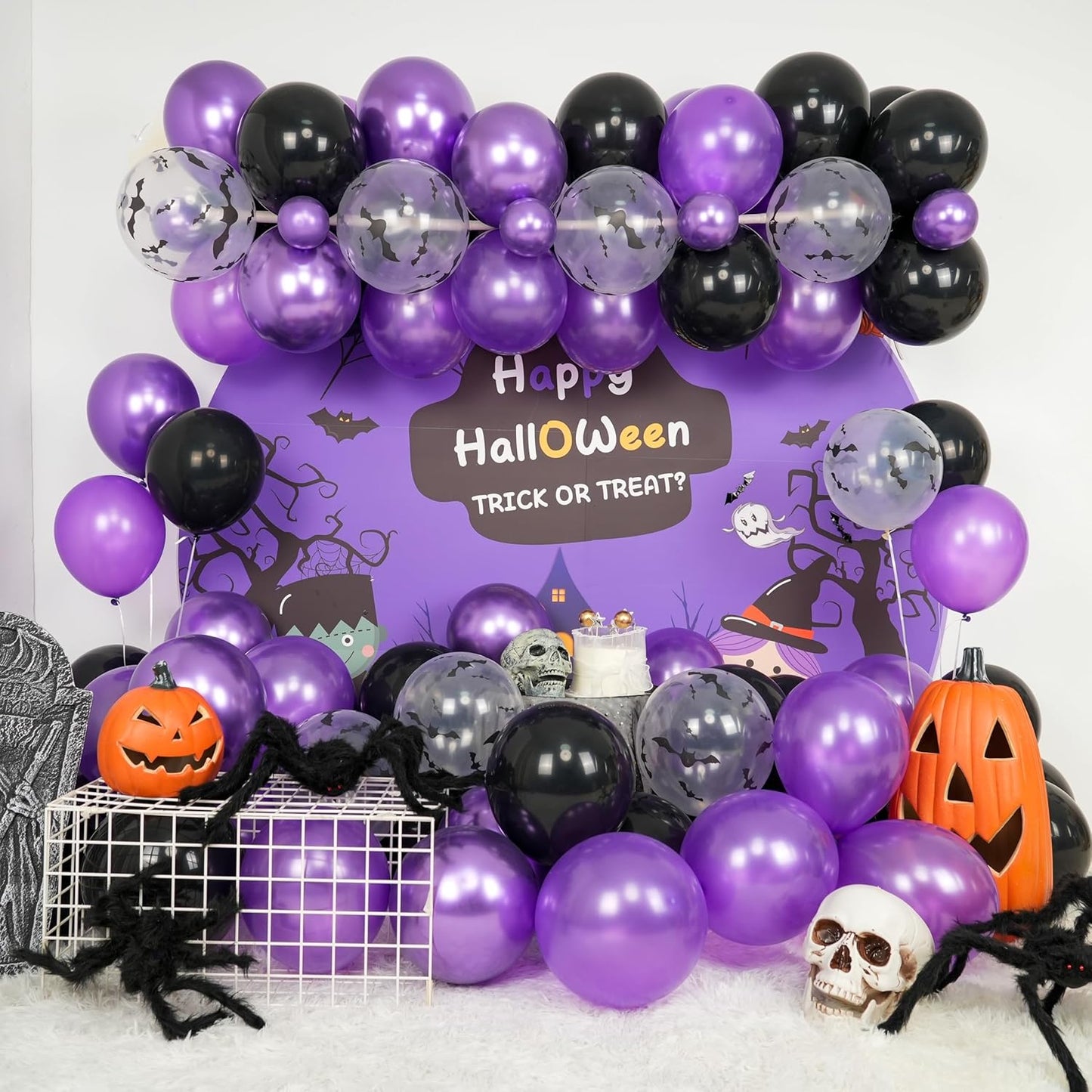 Halloween Balloons, 60PCS Purple and Black Balloons, Metallic Purple and Halloween Bat Printed Clear Balloon, Halloweens Latex Balloon for Boy Girl Birthday Party Decorations Indoor Outdoor