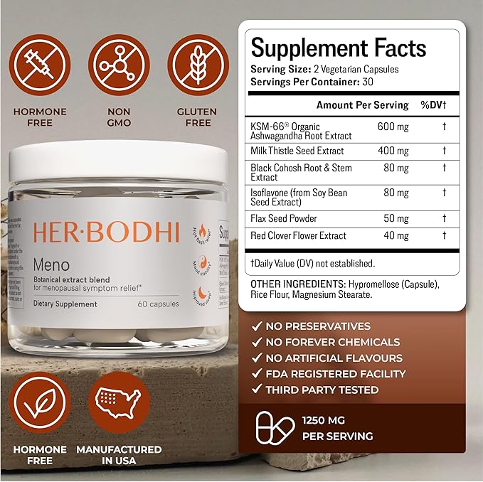 Meno- Menopause Hormonal Balance for Women, Estrogen Soy Isoflavones Menopause Supplement for Women, Ashwagandha, Black Cohosh Hot Flashes Menopause Relief, Night Sweats Relief 180Caps