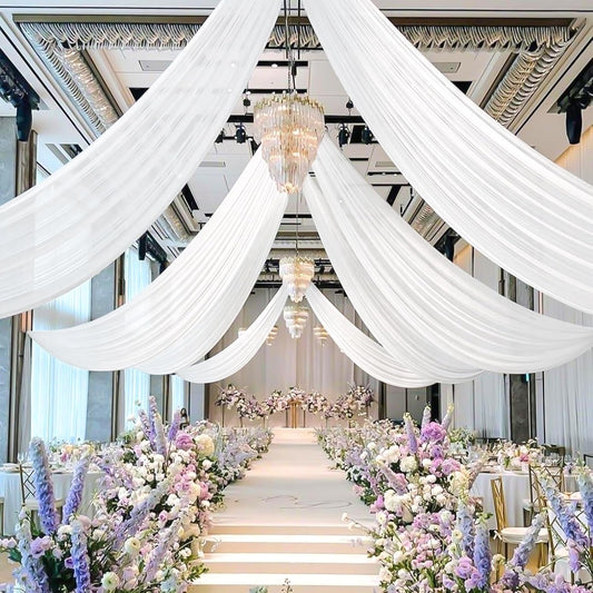 6 Panels White Ceiling Drapes for Wedding 5ftx15ft Sheer Drapery Chiffon Fabric Arch Draping Curtains for Party Ceremony Birthday Baby Shower Reception Stage Ceiling Decorations