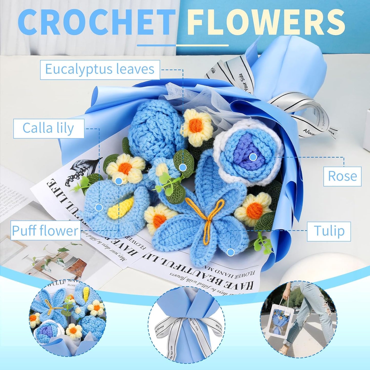 Crochet Flowers Bouquet, Handmade Crochet Flowers Knitted Bouquet, Tulips Flower Bouquet and Calla Lily for Birthday, Teacher’s Day, Graduation, Valentines (Blue)