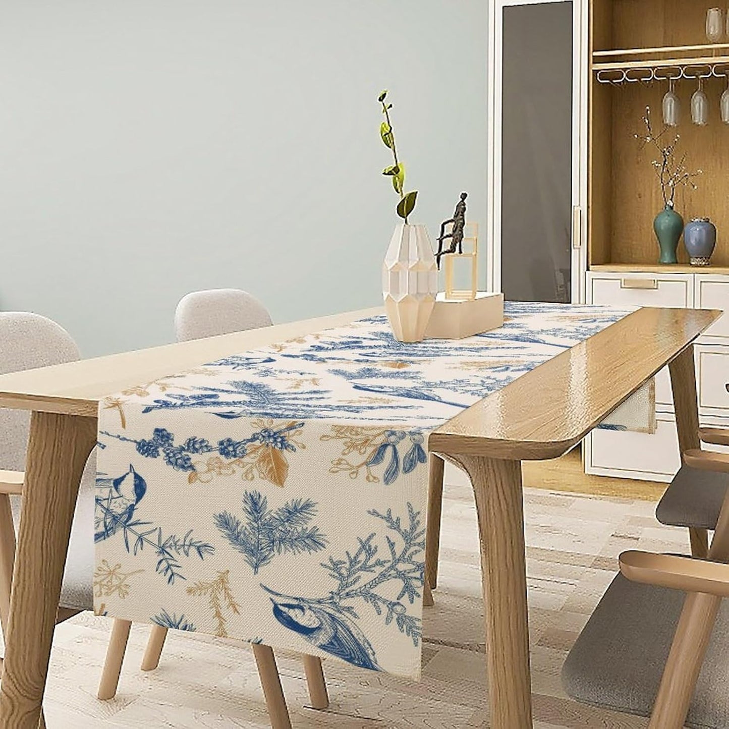 Floral Table Runner,Sketch Birds and Flowers Summer Table Runner Kitchen Dining Table Decoration for Home Party Decor 13x60 Inch