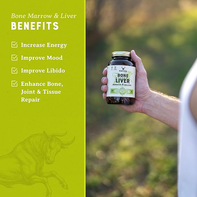 HEART & SOIL - Grass-Fed Bone Marrow and Beef Liver Supplement – 3000mg, Desiccated Organ Blend for Mood, Bone, Joint, Tissue, Skin Health - Non-GMO, Allergen-Free – 180 Capsules
