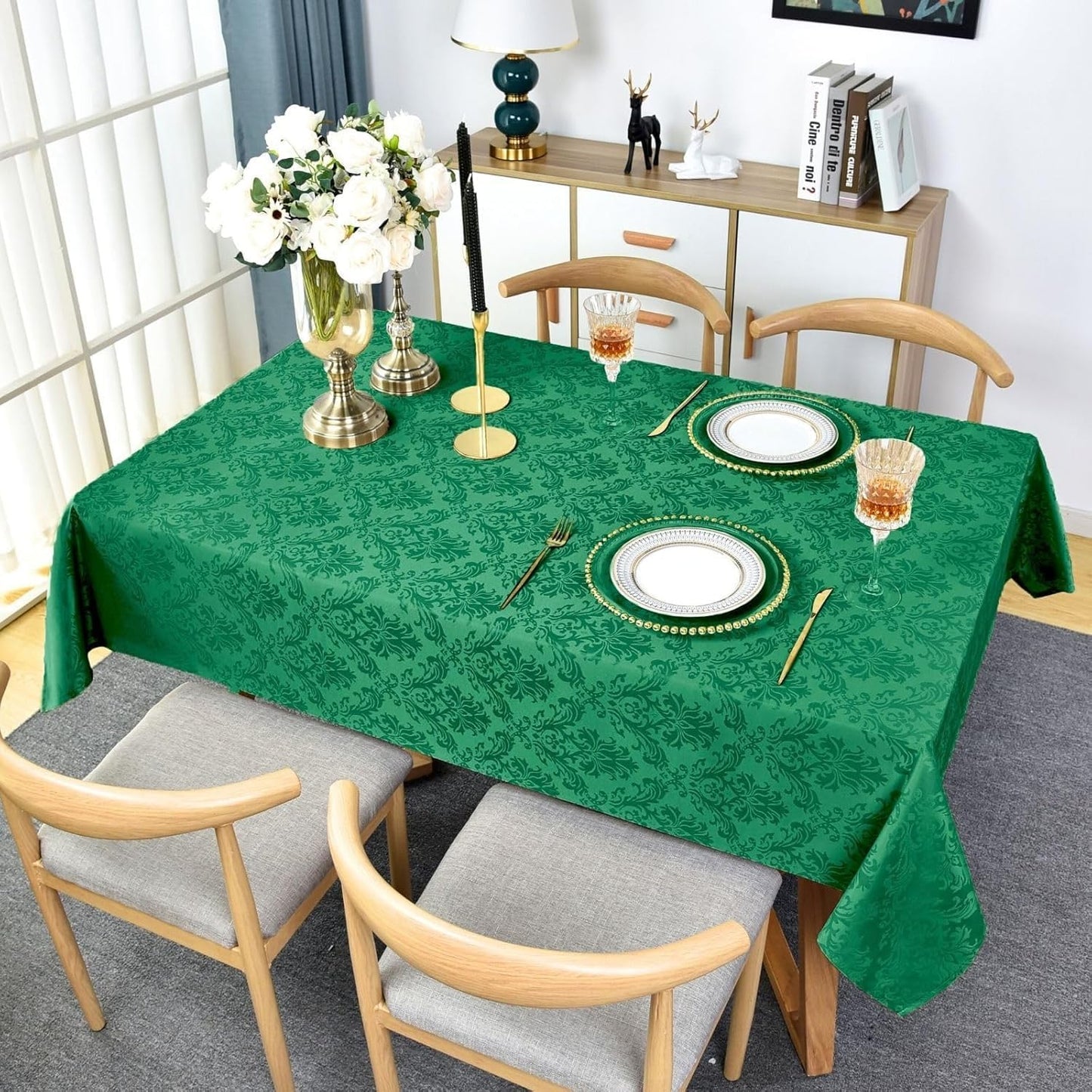 SASTYBALE Rectangle Jacquard Tablecloth, Damask Table Cloth SpillProof Wrinkle Resistant Tablecloths, Soft Polyester Oblong Table Cover for Kitchen, Dinner, Parties (Dark Green, 60X102)